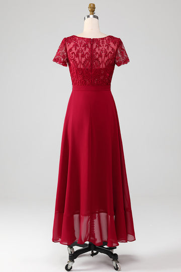 Bordowa Asymetryczna Błyszcząca Cekinowa Sukienka Dla Matki Panny Młodej Z Aplikacjami